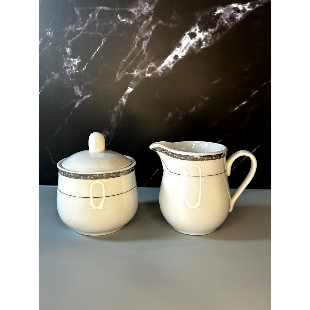 Gibson Ceramic Sugar & Creamer White with Silver Trim